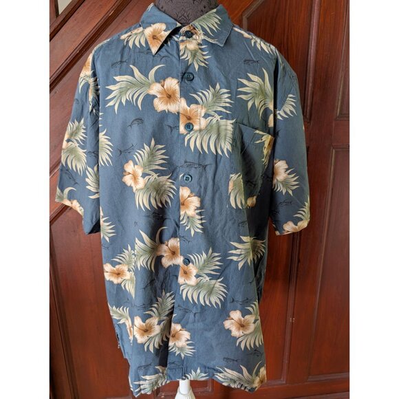 Vintage Weekender Hawaiian Shirt Blue Beige Hibiscus Palm Casual Button-Up XXL - Picture 1 of 9